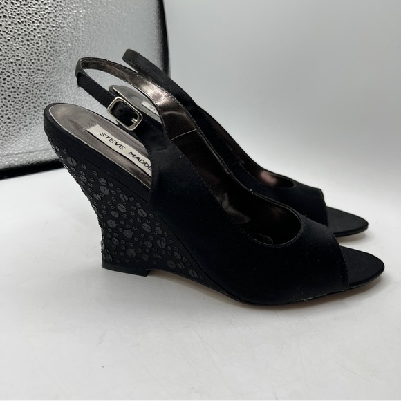 Steve Madden Shimer Black Slingback Buckle Sequin Peep Round Toe Wedge Heels - Picture 1 of 10